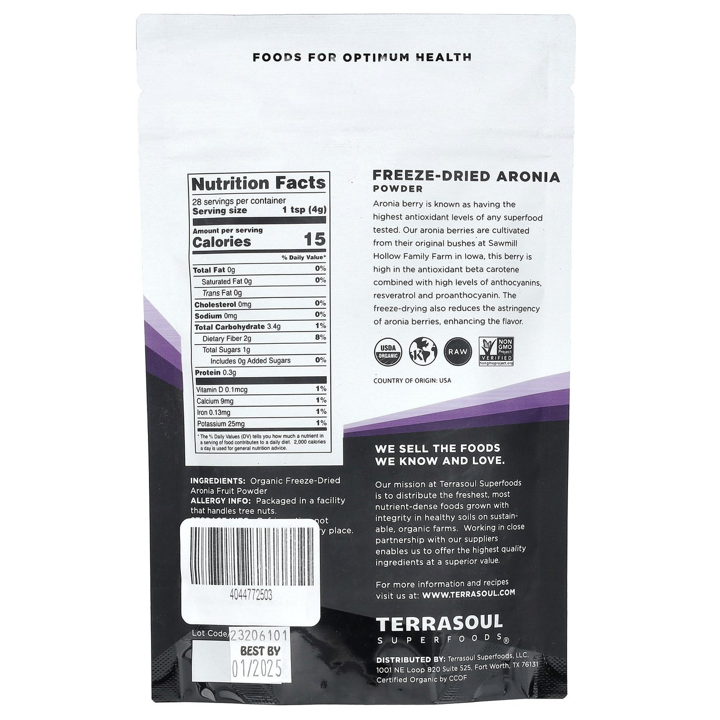 Terrasoul Superfoods, Aronia Powder, Freeze Dried, 4 oz (113 g)