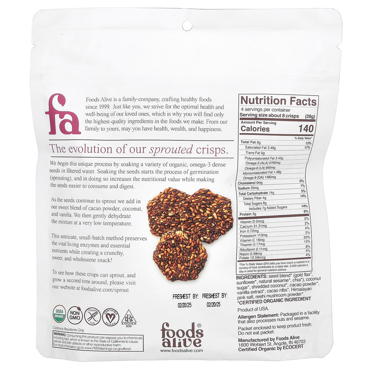 Foods Alive, Sprouted Crisps, Coco-Coconut, 4 oz (113 g)