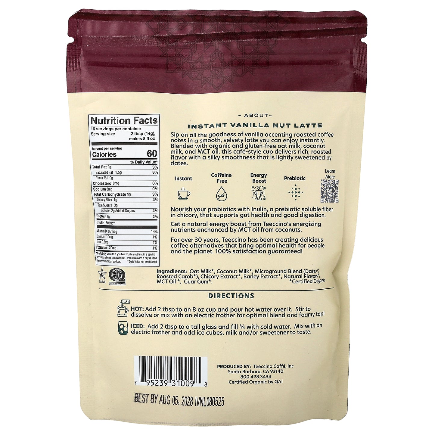 Teeccino, Instant Herbal Latte, Vanilla Nut, Medium Roast, Caffeine Free, 7.9 oz (224 g)