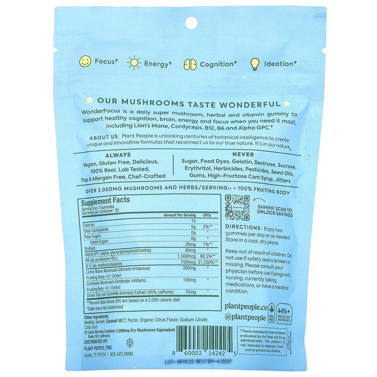 Plant People, WonderFocus®, Mushroom Gummies, Juicy Citrus, 60 Gummies