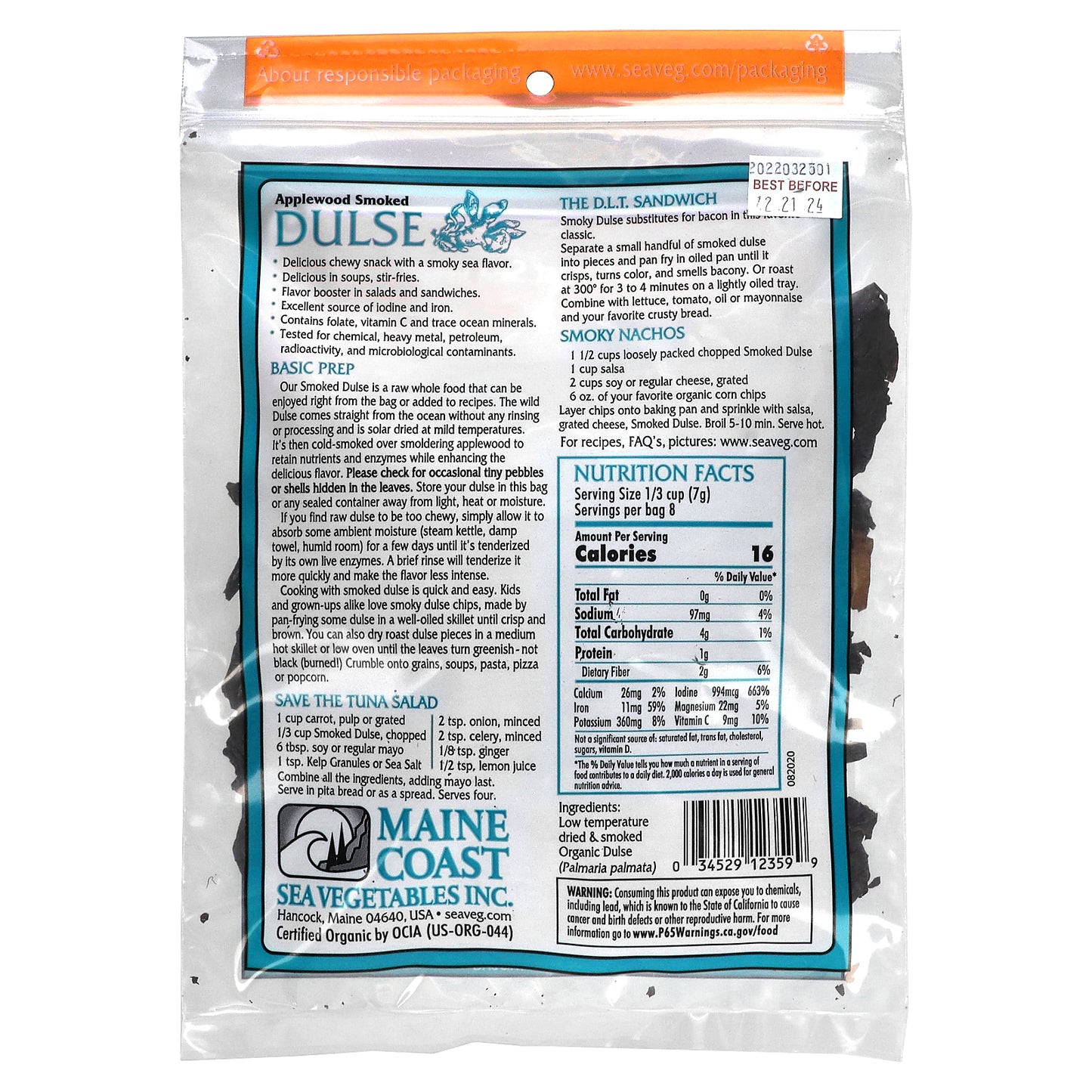 Maine Coast Sea Vegetables, Dulse, Applewood Smoked, 2 oz (56 g)