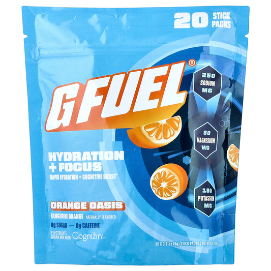 G FUEL, Hydration + Focus, Electrolyte Drink Mix with Cognizin®, Orange Oasis, 20 Stick Packs, 0.21 oz (6 g) Each