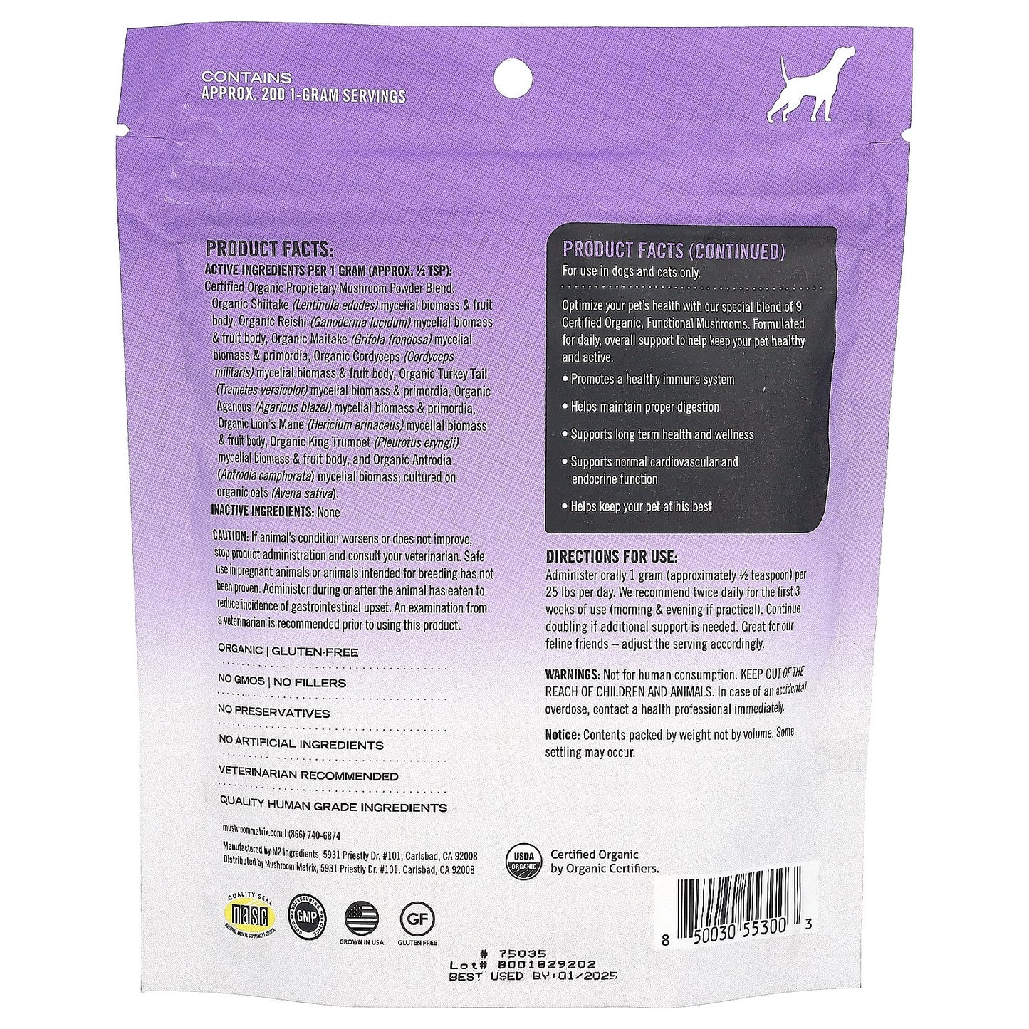 Mushroom Matrix Canine, Healthy Pet, Certified Organic Mushroom Powder, For 50 lb Pet, For Dogs and Cats, 7.1 oz (200 g)