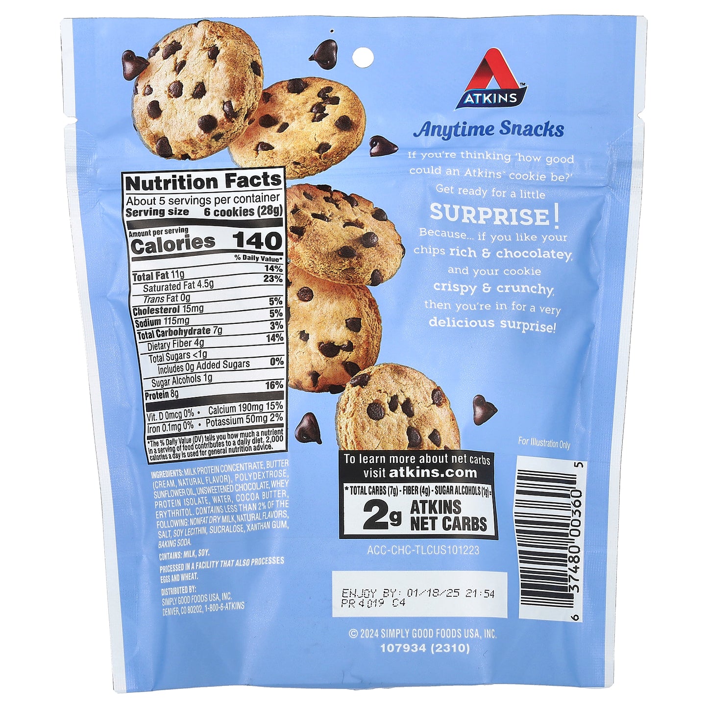 Atkins, Anytime Snacks, Crunchy Protein Cookies, Chocolate Chip, 4.94 oz (140 g)