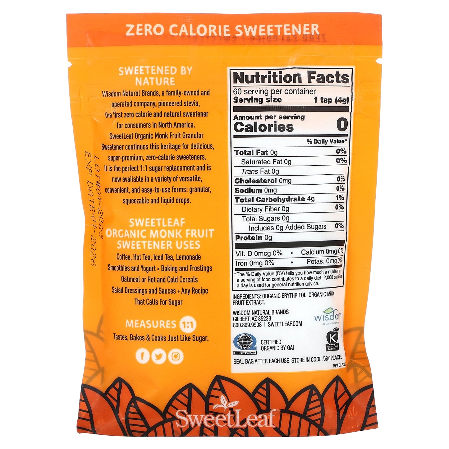 SweetLeaf Stevia, Monk Fruit Organic Sweetener, Granular, 8.47 oz (240 g)