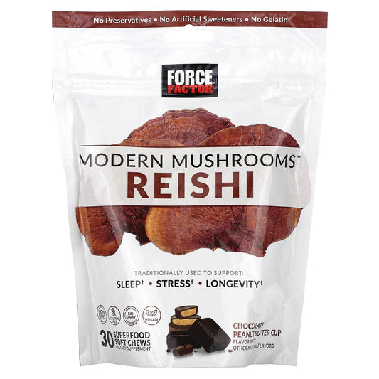 Force Factor, Modern Mushrooms™, Reishi, Chocolate Peanut Butter Cup, 300 mg, 30 Superfood Soft Chews