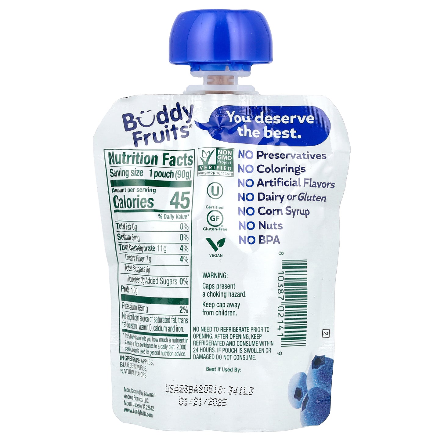 Buddy Fruits, Blended Fruits, Blueberry & Apple, 3.2 oz (90 g)