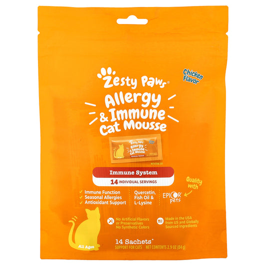 Zesty Paws, Allergy & Immune Cat Mousse, For Cats, All Ages, Chicken, 14 Sachets 0.2 oz (6 g) Each
