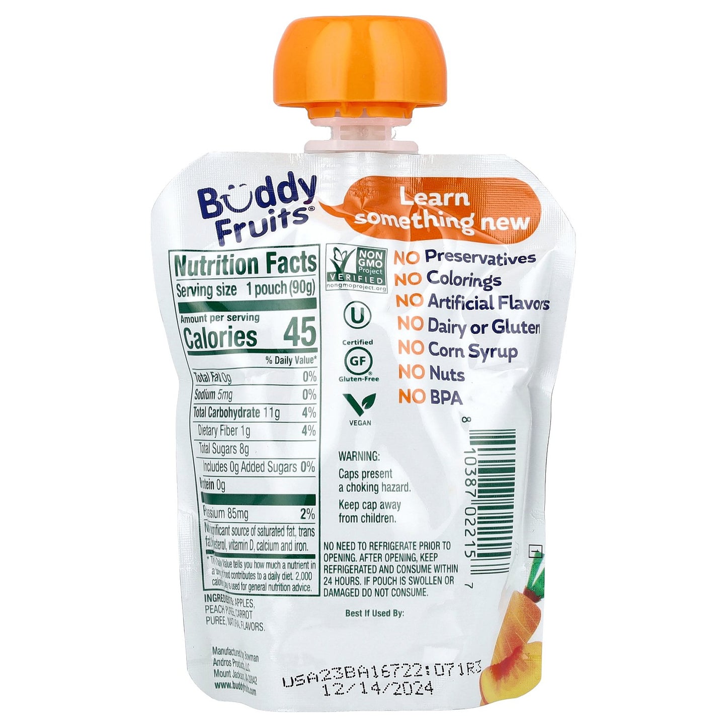 Buddy Fruits, Blended Fruits & Vegetables, Peach, Carrot, & Apple, 3.2 oz (90 g)