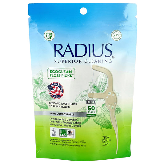 RADIUS, EcoClean Floss Picks™, Minty Peppermint, 50 Compostable Floss Picks