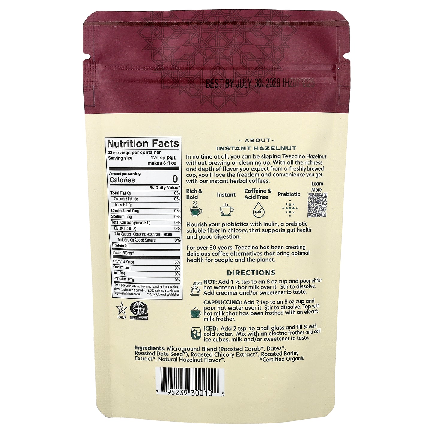 Teeccino, Instant Herbal Coffee, Hazelnut, Medium Roast, Caffeine Free, 3.53 oz (100 g)