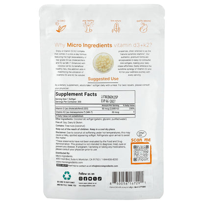 Micro Ingredients, Vitamin D3 + K2, 300 Softgels