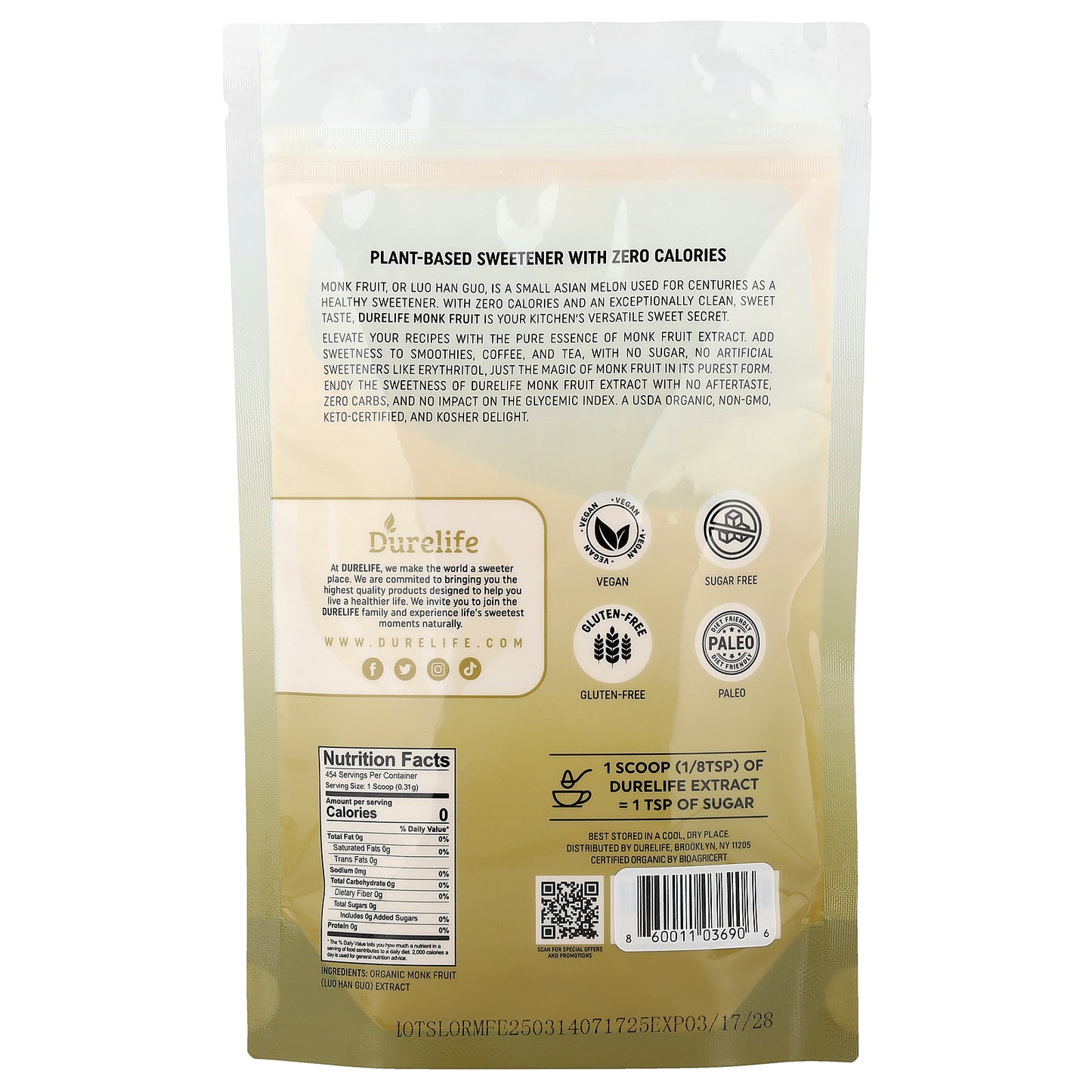 DURELIFE, Organic Monk Fruit Extract Powder, 5 oz (142 g)