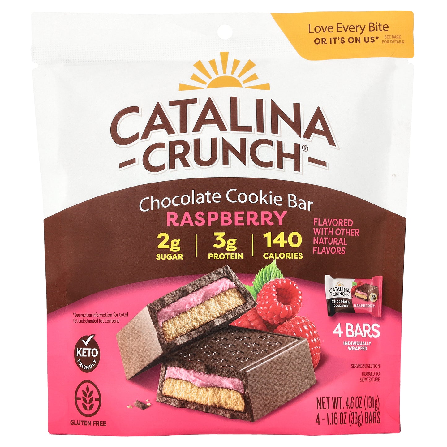 Catalina Crunch, Chocolate Cookie Bar, Raspberry , 4 Bars, 1.16 oz (33 g) Each