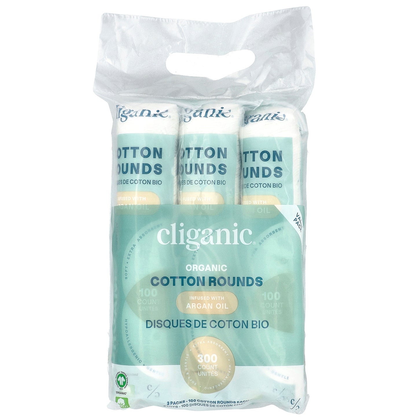 Cliganic, Organic Cotton Rounds Infused With Argan Oil , 3 Packs, (100 Cotton Rounds) Each