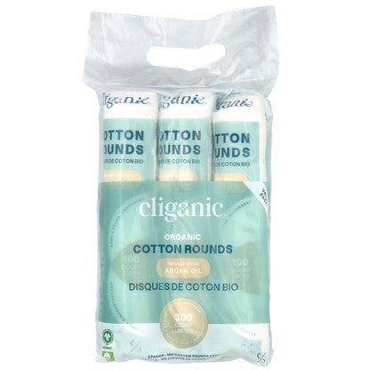 Cliganic, Organic Cotton Rounds Infused With Argan Oil , 3 Packs, (100 Cotton Rounds) Each