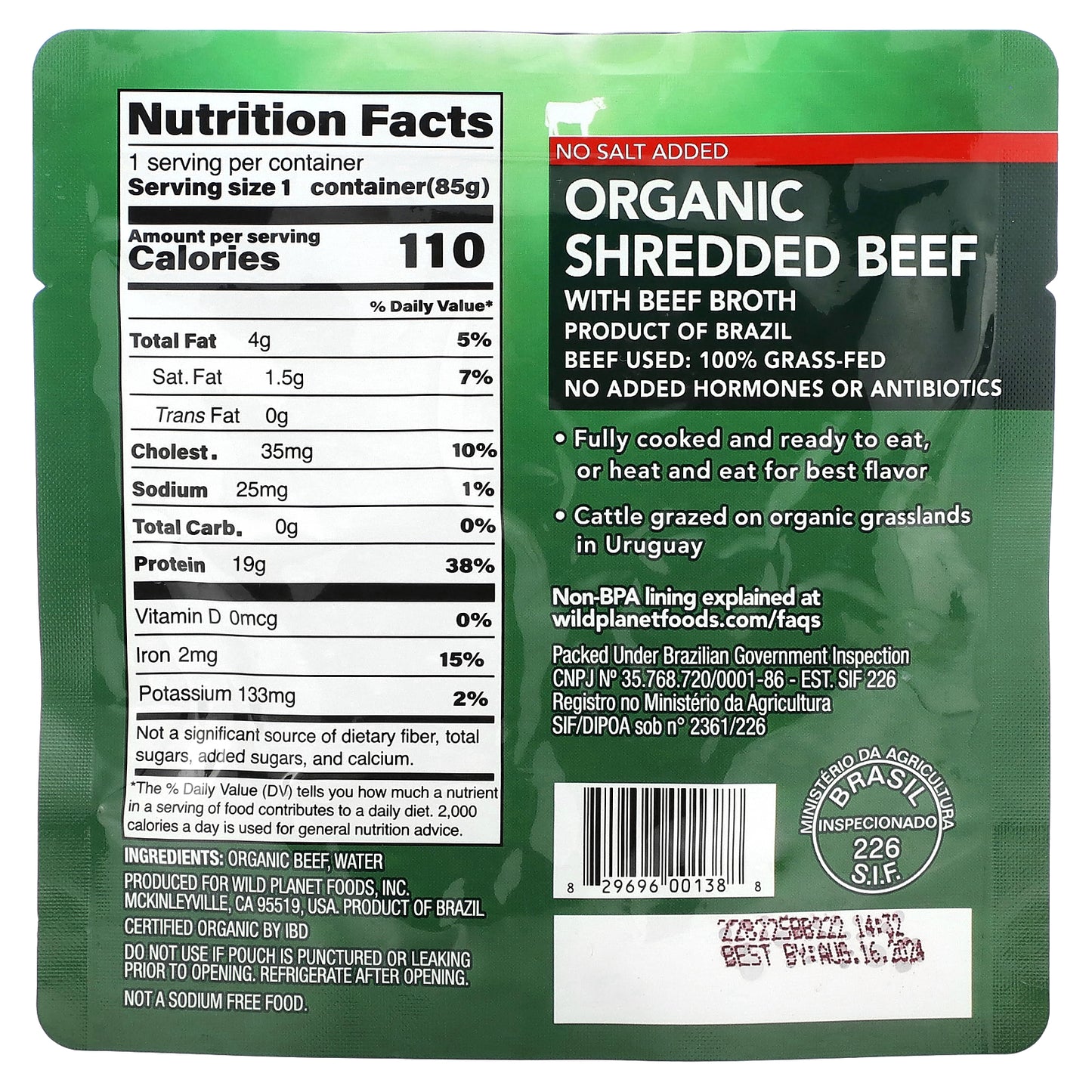 Wild Planet, Organic Shredded Beef with Beef Broth, No Salt Added, 3 oz (85 g)