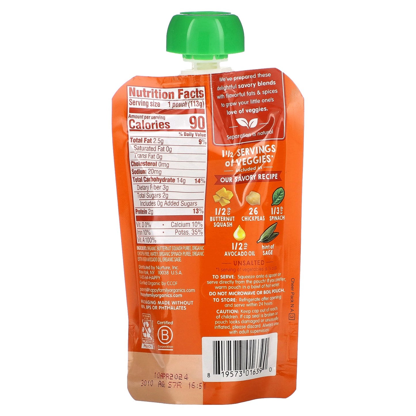 Happy Family Organics, Happy Baby®, Organic Squash, Chickpeas & Spinach, 6+ Months, 4 oz (113 g)