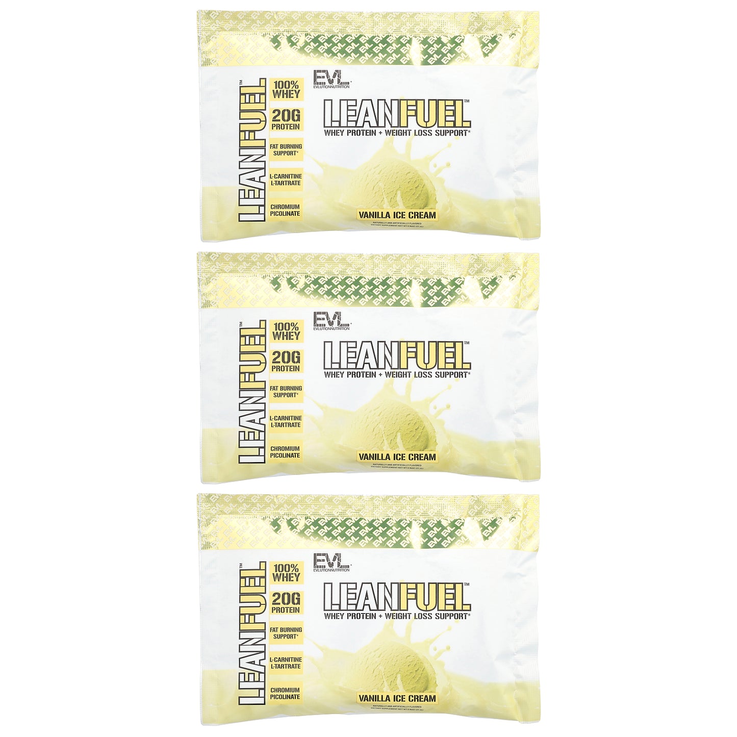 EVLution Nutrition, LeanFuel™, Vanilla Ice Cream, 3 Packets, 0.96 oz (27.1 g) Each