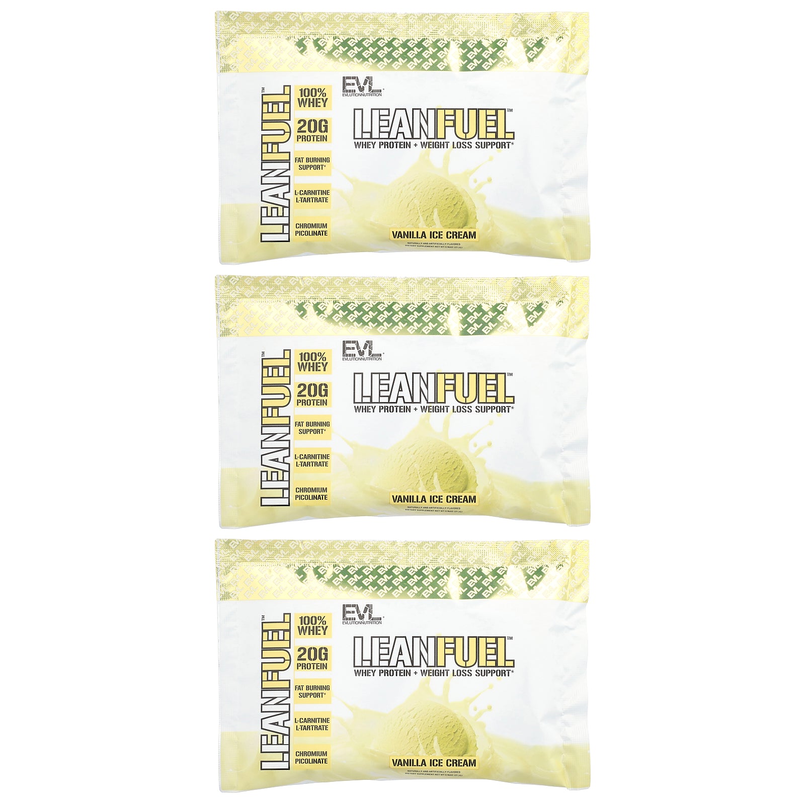 EVLution Nutrition, LeanFuel™, Vanilla Ice Cream, 3 Packets, 0.96 oz (27.1 g) Each