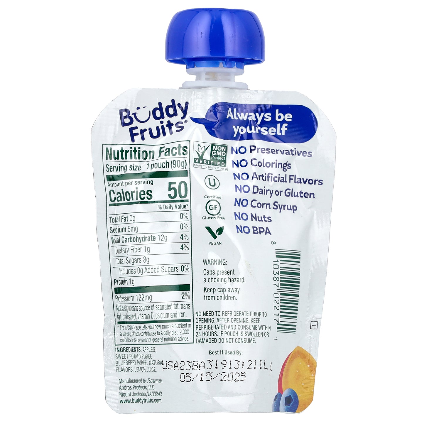 Buddy Fruits, Blended Fruits & Vegetables, Blueberry, Sweet Potato, & Apple, 3.2 oz (90 g)