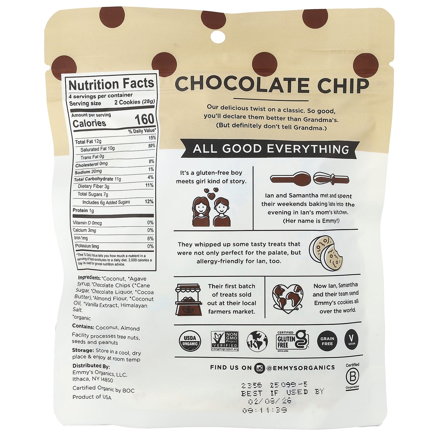 Emmy's Organic Cookies, Soft & Chewy Coconut Cookies, Chocolate Chip, 4 oz (113 g)