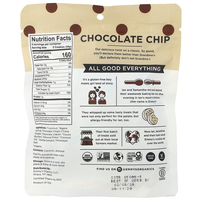 Emmy's Organic Cookies, Soft & Chewy Coconut Cookies, Chocolate Chip, 4 oz (113 g)