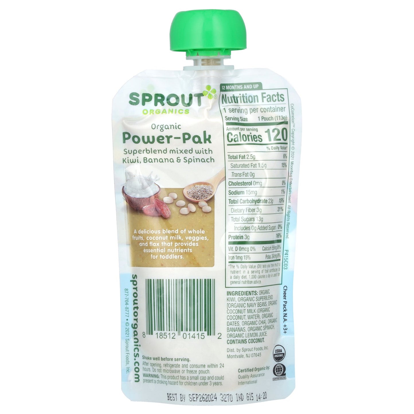 Sprout Organics, Cocomelon, Organic Power-Pak, 12 Months & Up, Superblend Mixed with Kiwi, Banana & Spinach, 4 oz (113 g)