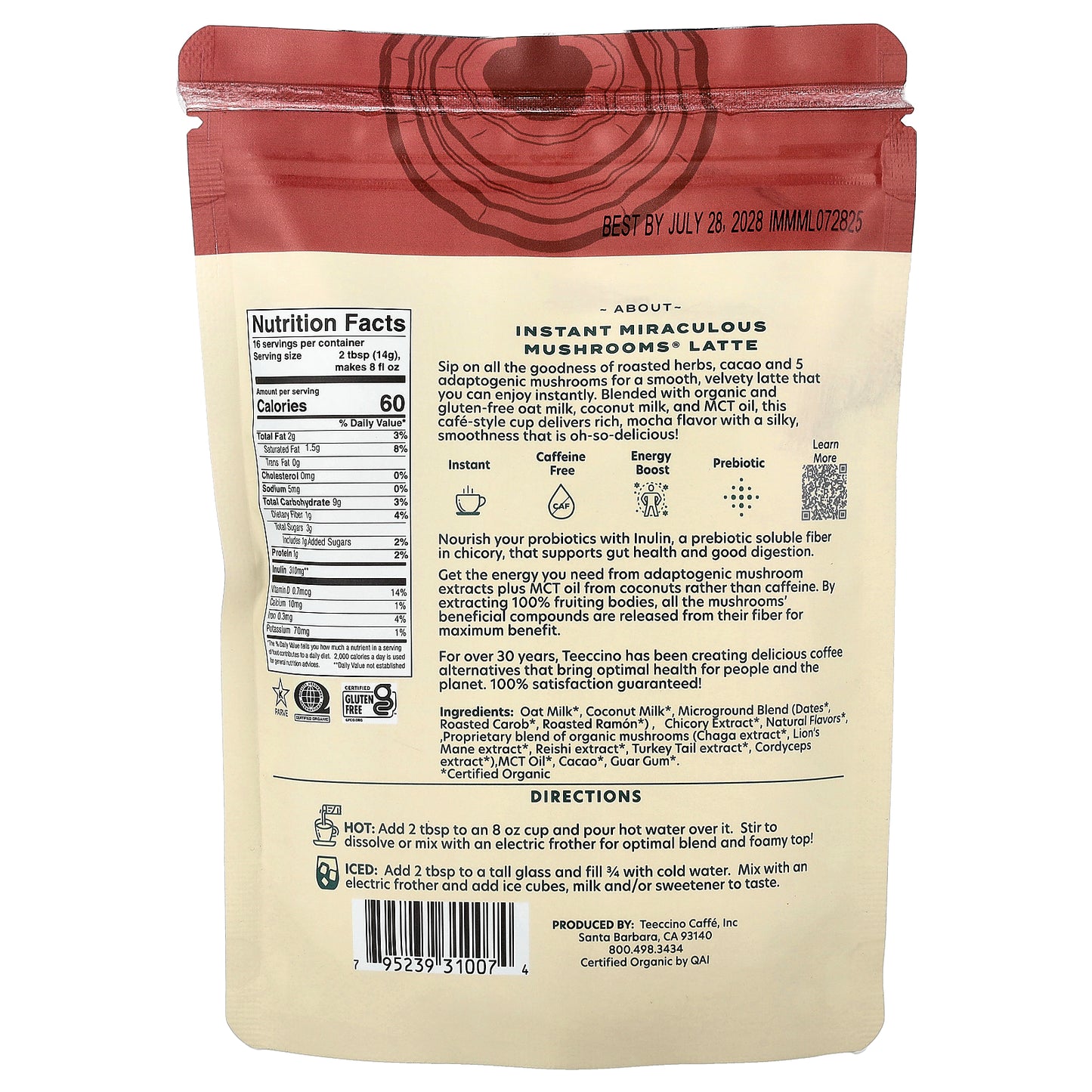 Teeccino, Instant Herbal Latte, Miraculous Mushrooms, Caffeine Free, 7.9 oz (224 g)