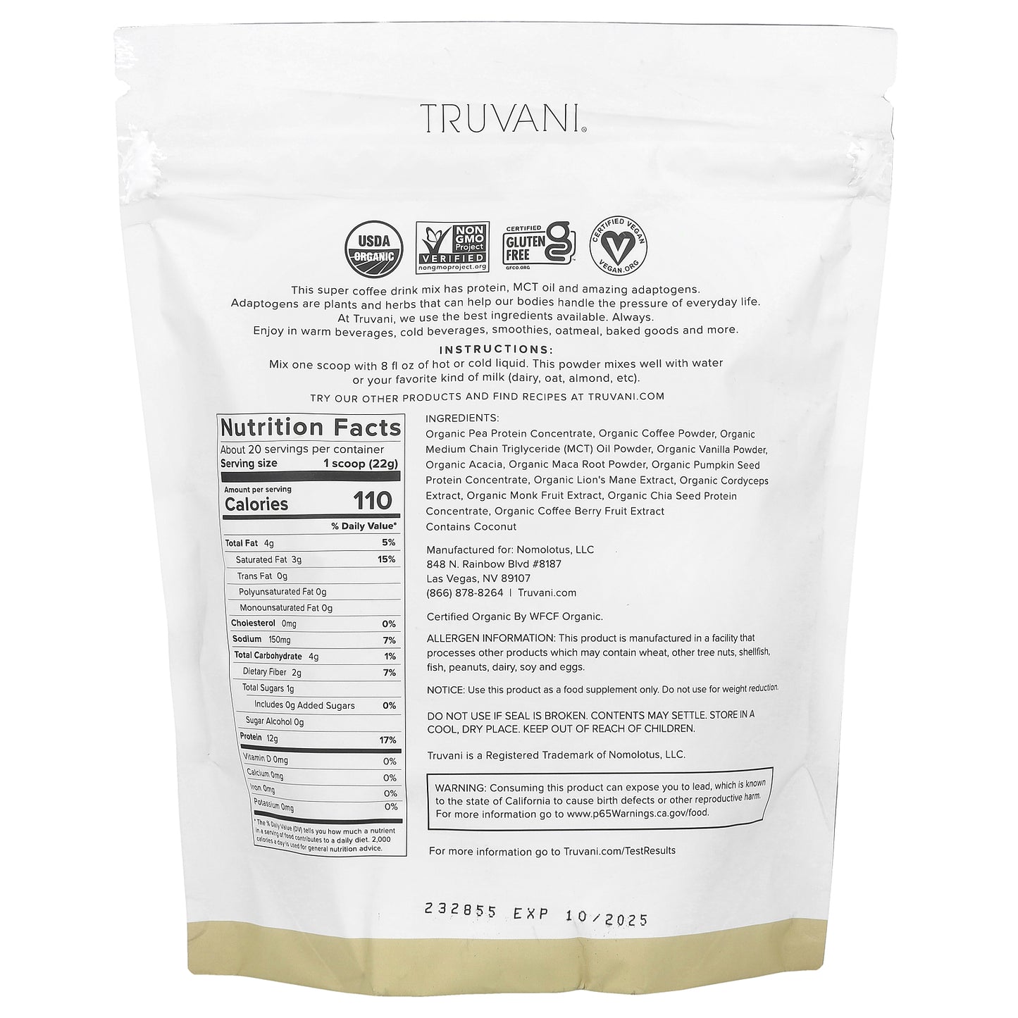 Truvani, Protein + Energy, Vanilla Latte, 15.87 oz (450 g)