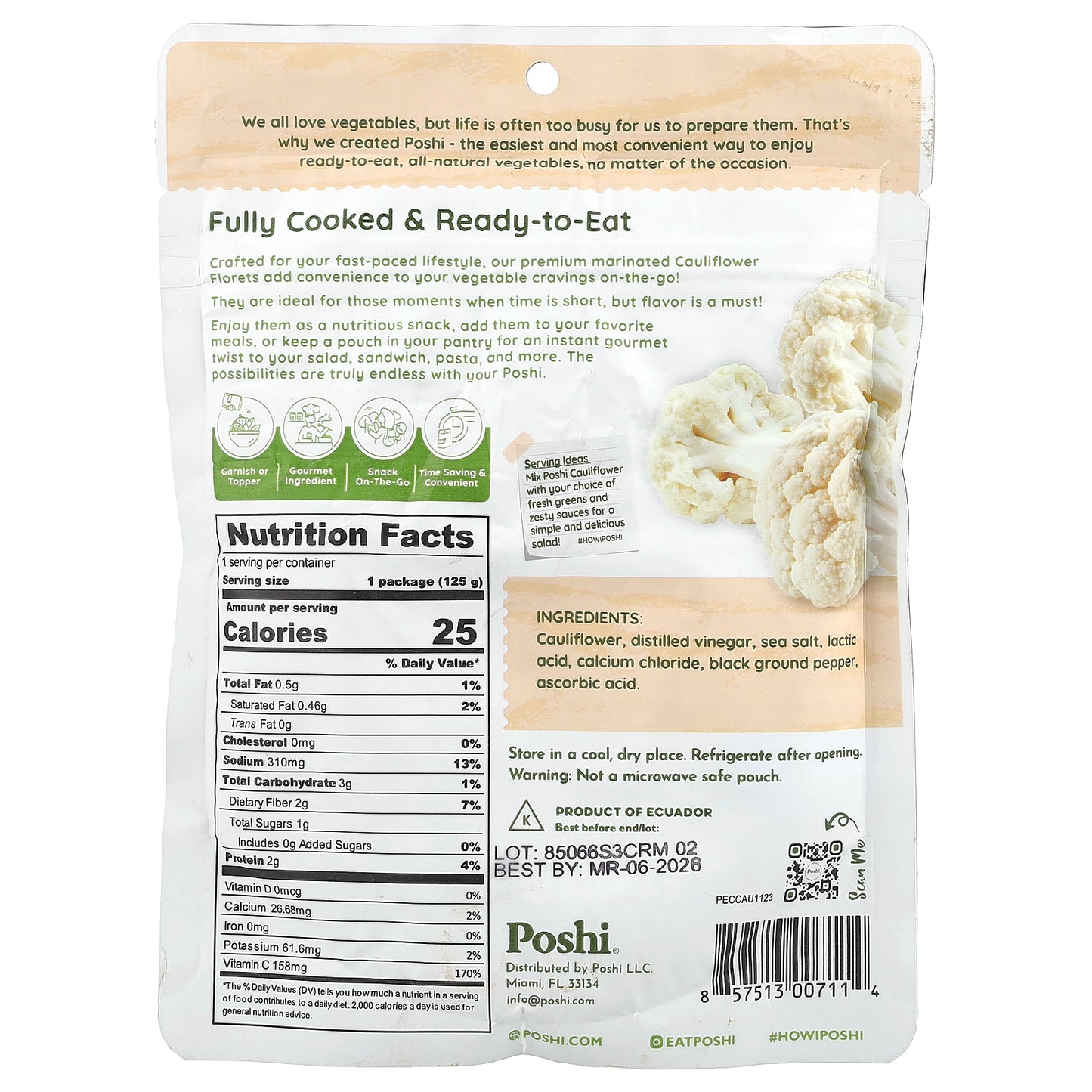 Poshi, Easy Chef, Cauliflower With Salt & Black Pepper, 4.4 oz (125 g)