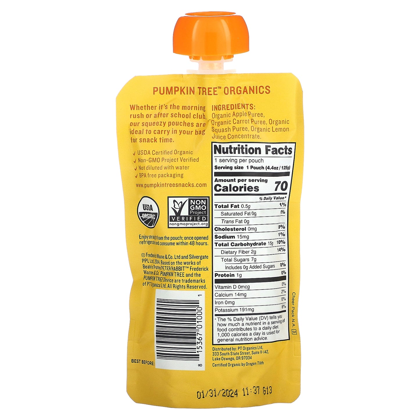 Pumpkin Tree Organics, Peter Rabbit Organics, Organic Fruit & Vegetable Puree, Apple, Carrot & Squash, 4.4 oz (125 g)