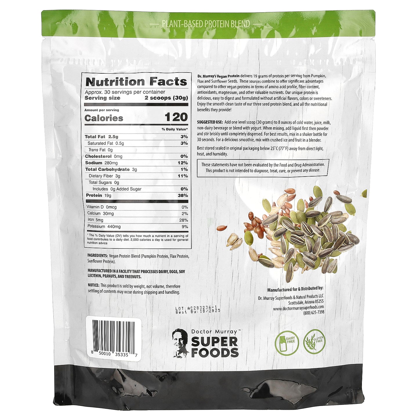 Dr. Murray's, Super Foods, 3 Seed Protein Powder, Pumpkin + Flax + Sunflower, Unflavored, 2 lb (908 g)