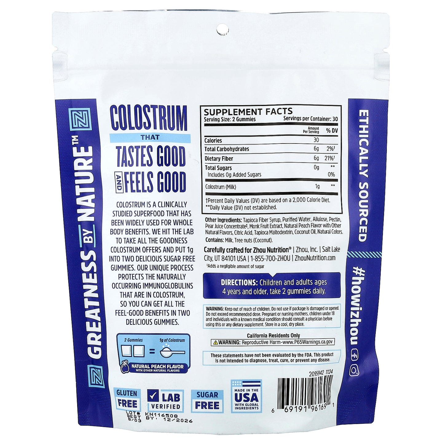 Zhou Nutrition, Colostrum Gummies, Natural Peach , 60 Gummies