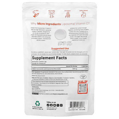 Micro Ingredients, Liposomal Vitamin C, Lemonade, 40 Packets, 0.046 oz (1.3 g) Each