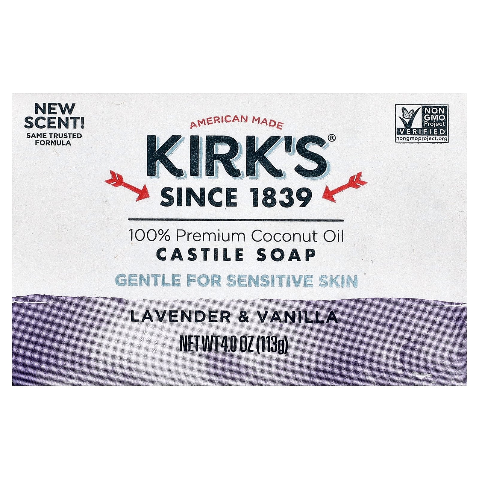 Kirk's, Castile Bar Soap, For Sensitive Skin, Lavender & Vanilla, 4 oz (113 g)