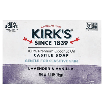 Kirk's, Castile Bar Soap, For Sensitive Skin, Lavender & Vanilla, 4 oz (113 g)