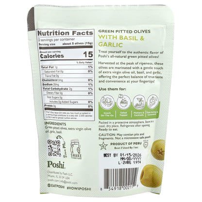 Poshi, Snacks, Premium Green Olives, Basil & Garlic, 1.1 oz (30 g)