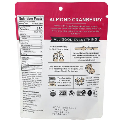 Emmy's Organic Cookies, Trail Cookies, Soft-Baked Oat Treats, Almond Cranberry, 4 oz (113 g)