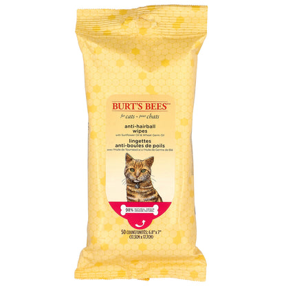 Burt's Bees, Anti-Hairball Wipes with Sunflower Oil & Wheat Germ Oil, For Cats, 50 Count