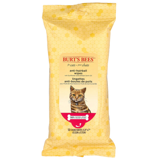 Burt's Bees, Anti-Hairball Wipes with Sunflower Oil & Wheat Germ Oil, For Cats, 50 Count