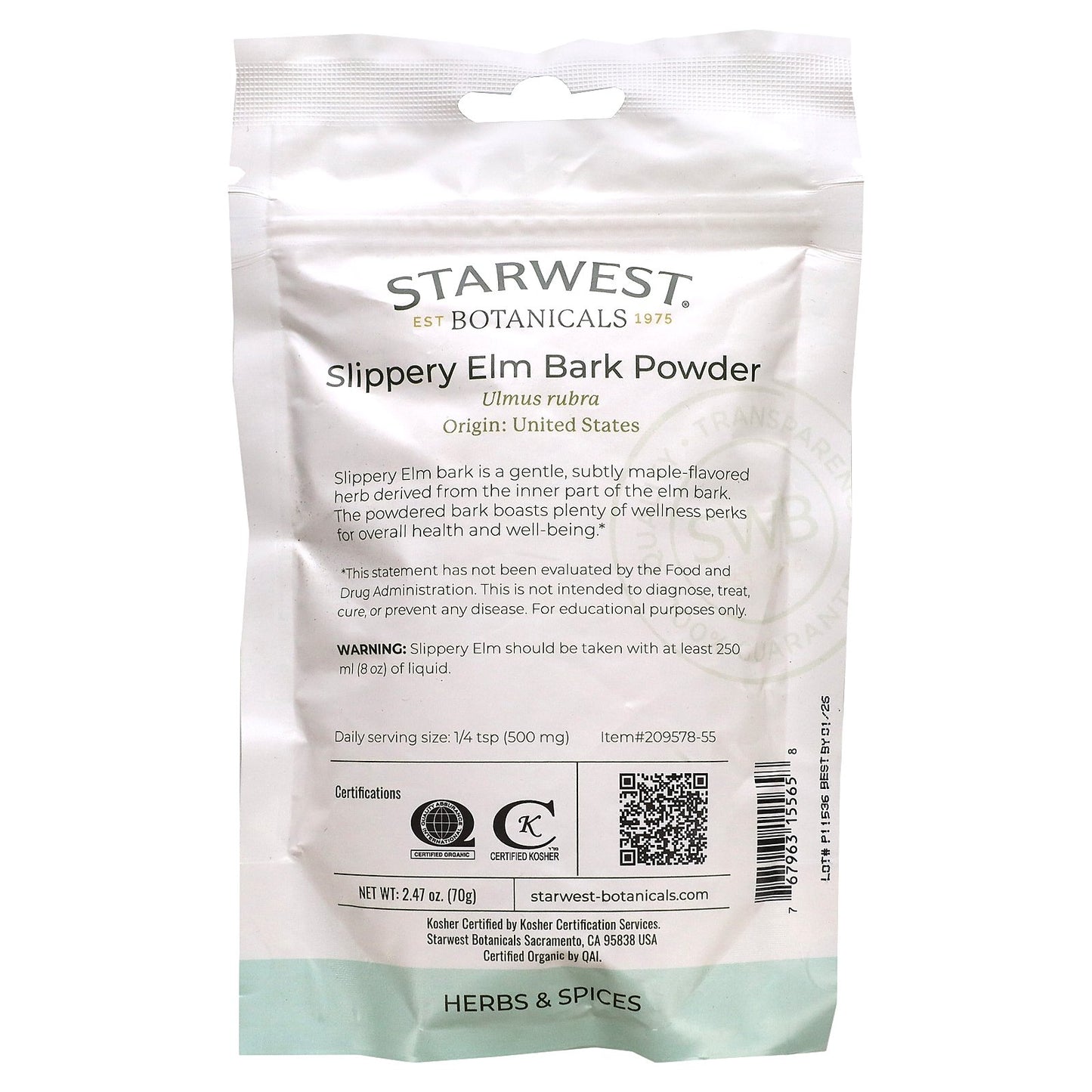 Starwest Botanicals, Organic Slippery Elm Bark Powder, 2.47 oz (70 g)