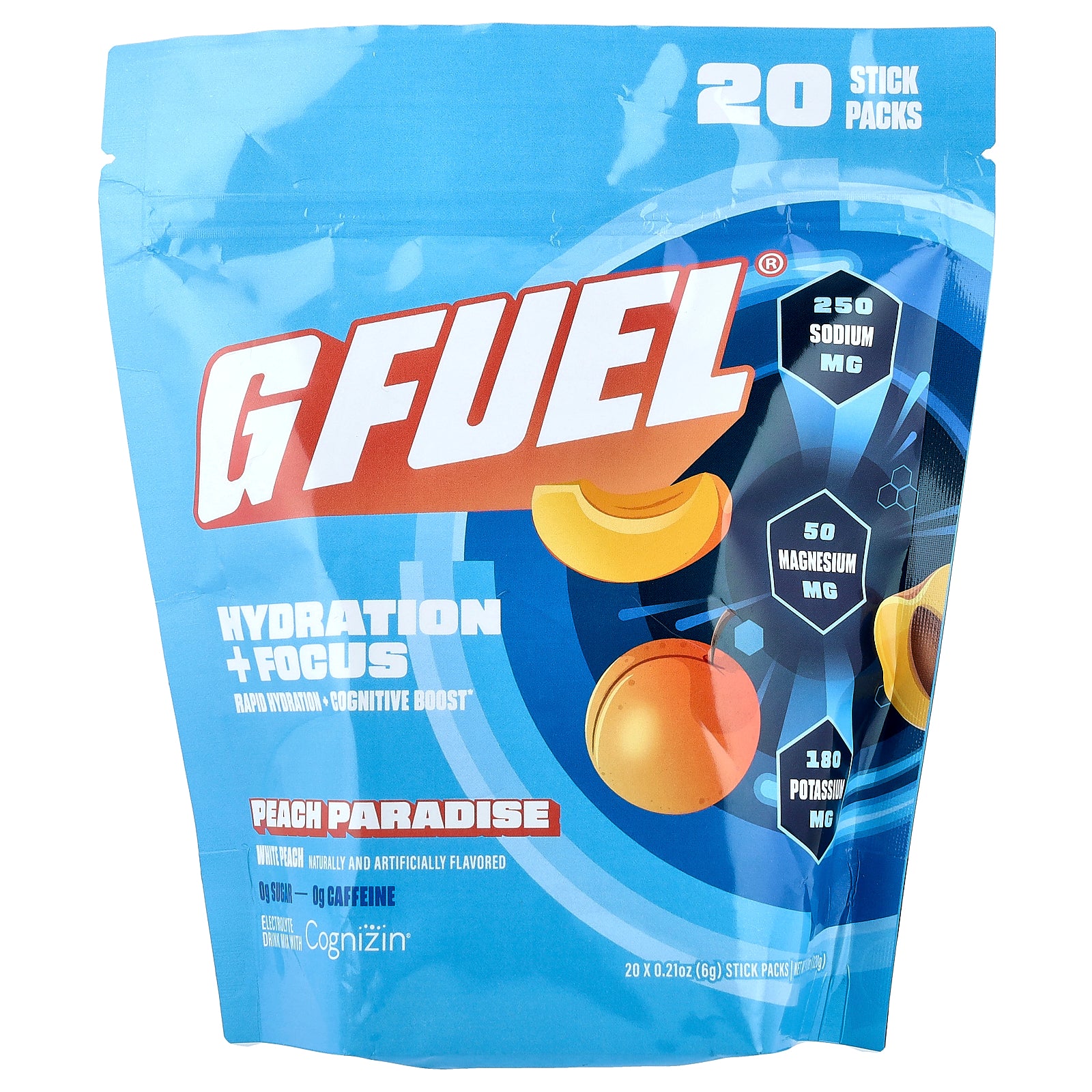 G FUEL, Hydration + Focus, Electrolyte Drink Mix with Cognizin®, Peach Paradise, 20 Stick Packs, 0.21 oz (6 g) Each