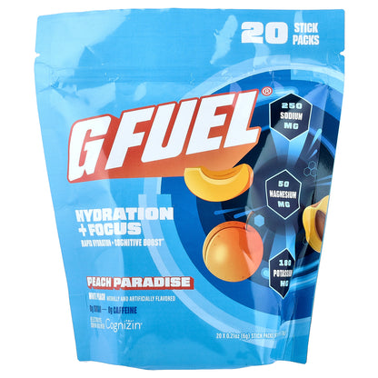G FUEL, Hydration + Focus, Electrolyte Drink Mix with Cognizin®, Peach Paradise, 20 Stick Packs, 0.21 oz (6 g) Each