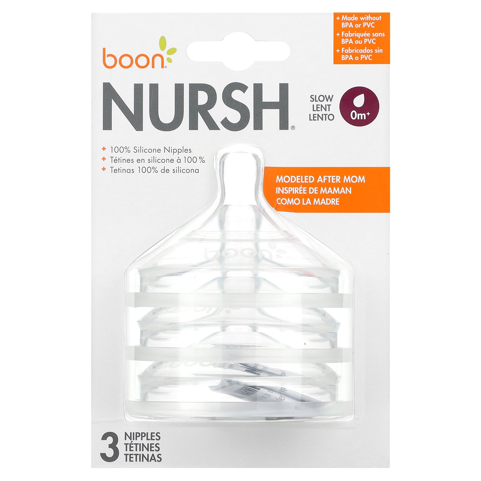 Boon, Nursh, 100% Silicone Nipples, 0 months+, Slow Flow, 3 Nipples