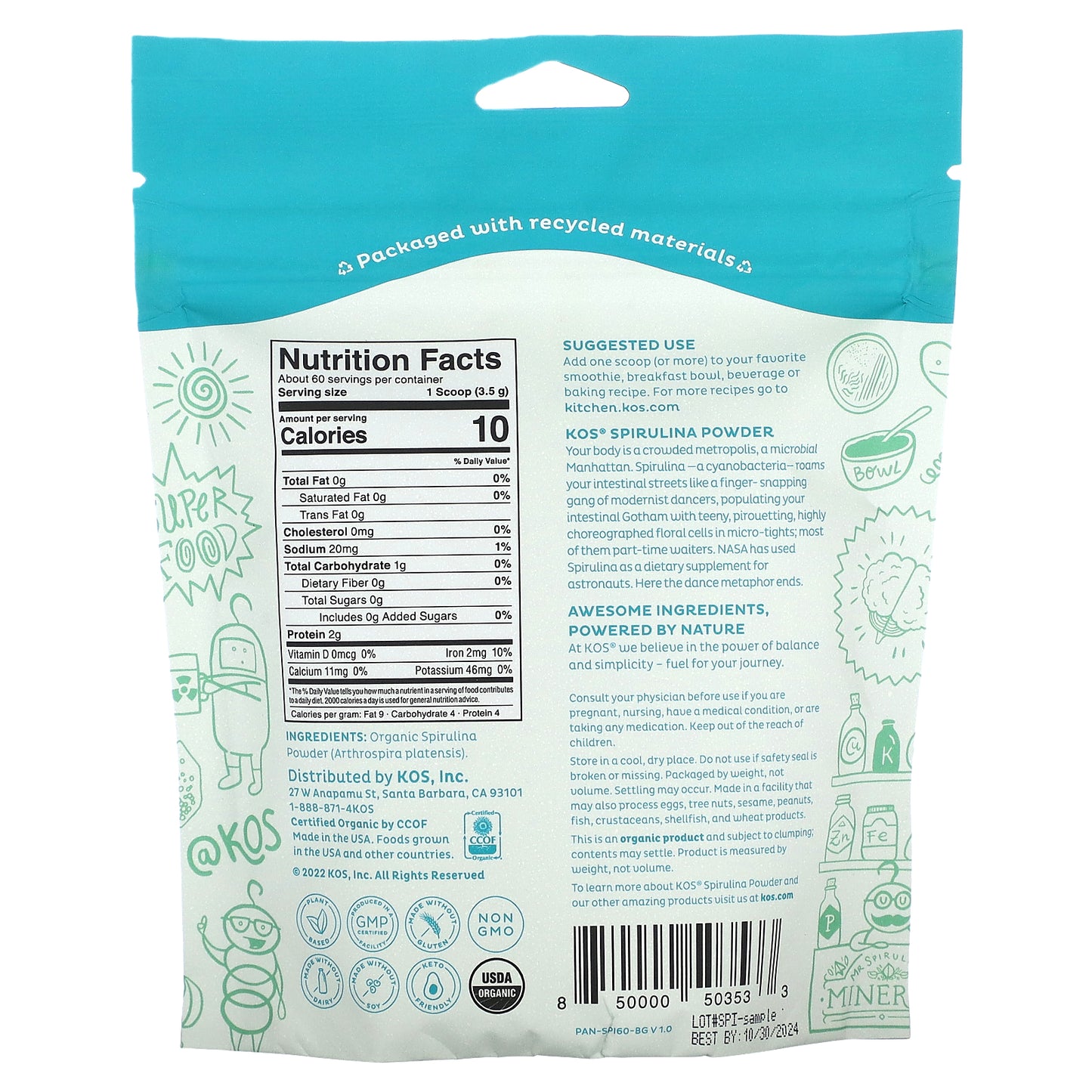 KOS, Organic Spirulina Powder, 7.4 oz (210 g)