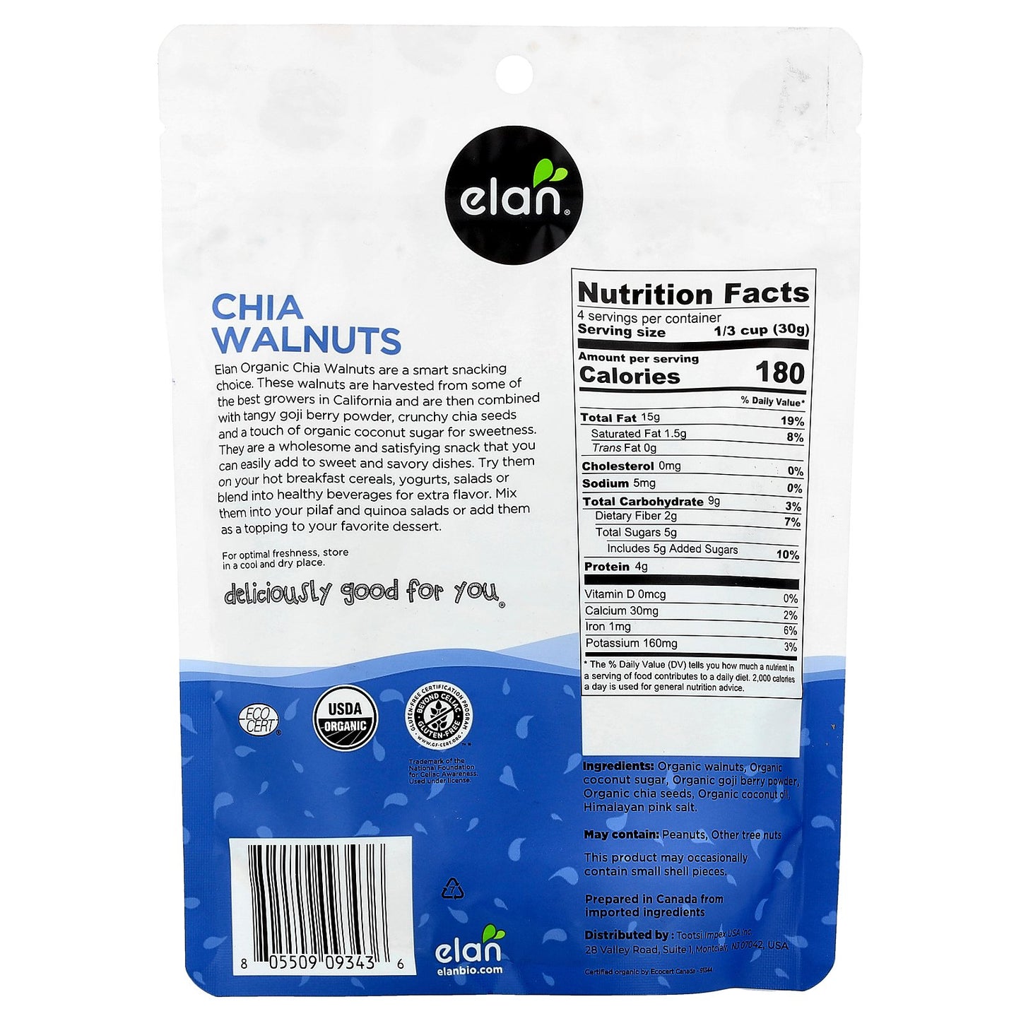 Elan, Organic Chia Walnuts , 4.5 oz (130 g)