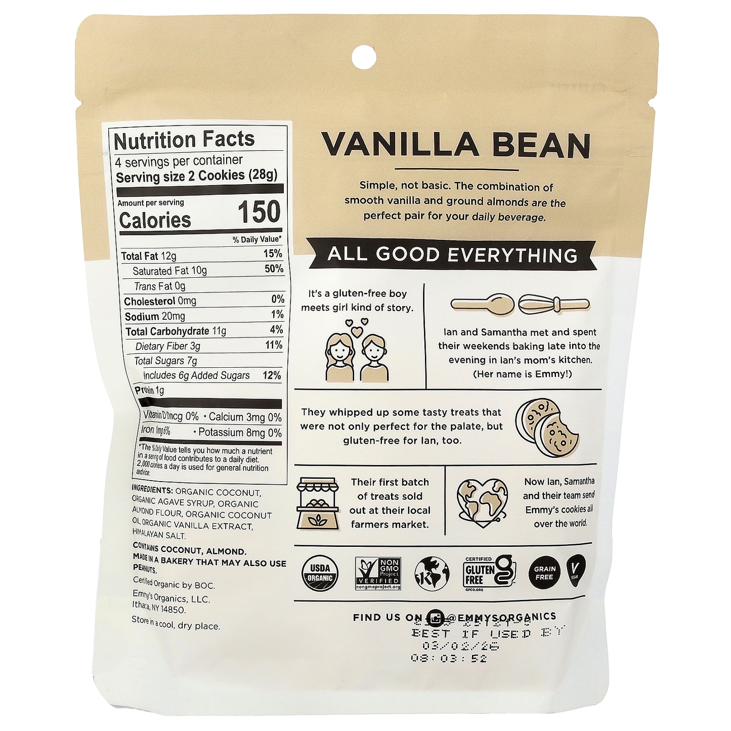 Emmy's Organic Cookies, Soft & Chewy Coconut Cookies, Vanilla Bean, 4 oz (113 g)