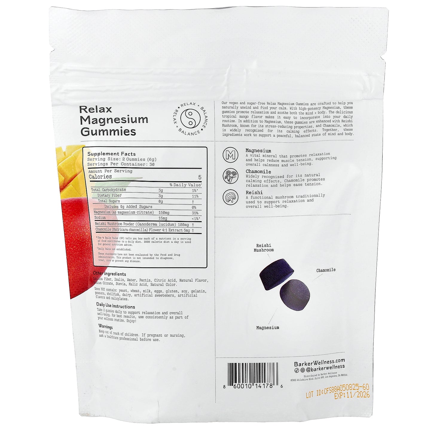 Barker Wellness Co, Relax Magnesium Gummies, Tropical Mango, 60 Gummies