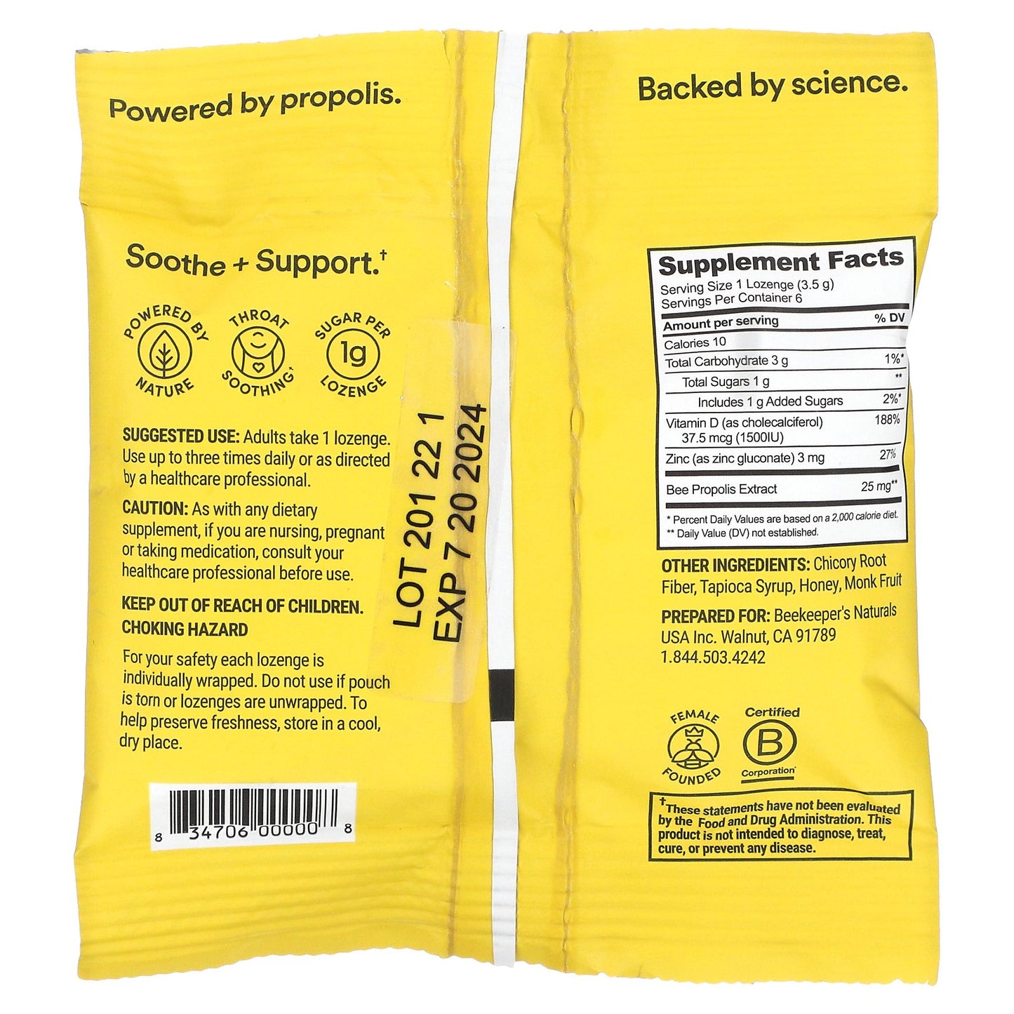 Beekeeper's Naturals, Propolis Soothing Lozenges, Honey, 6 Lozenges, 0.74 oz (21 g)